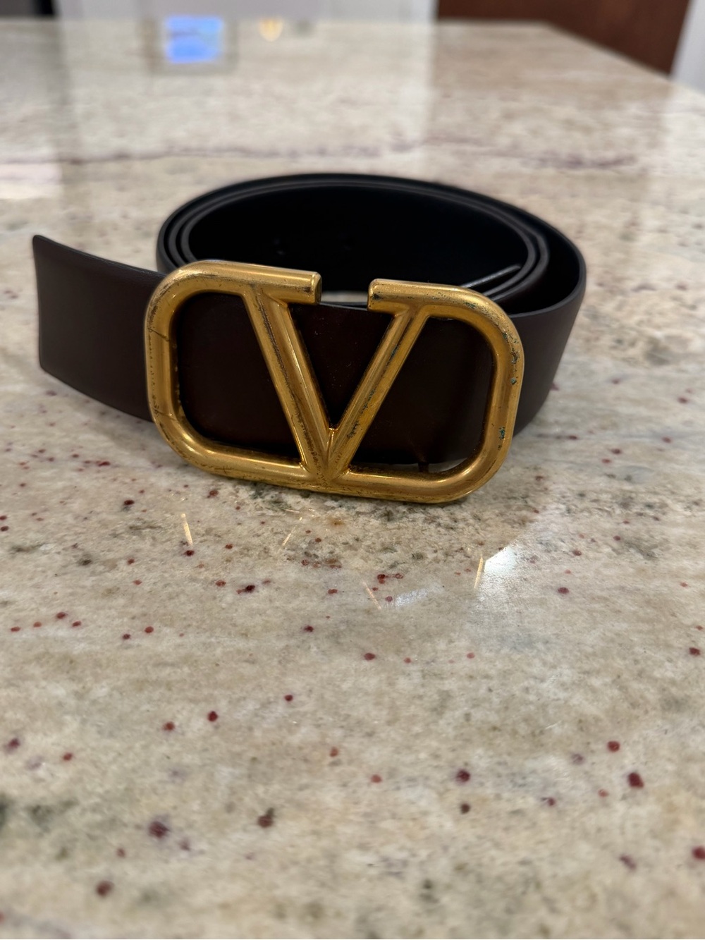 Valentino Dark Brown Leather Men's Belt with Gold V Logo Buckle